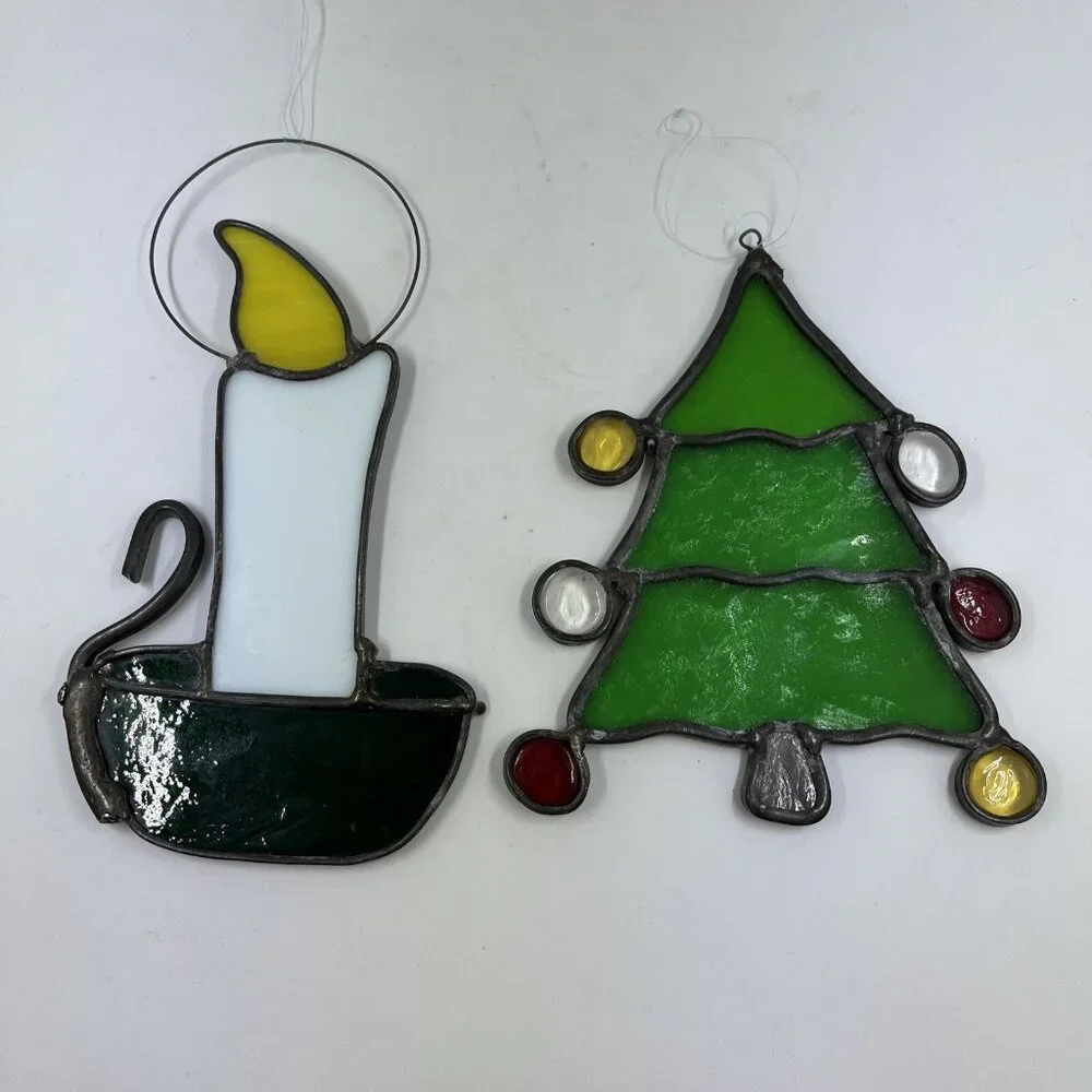 Vintage Stained‎ Glass Christmas Tree & Candle Window Hangers 6.5